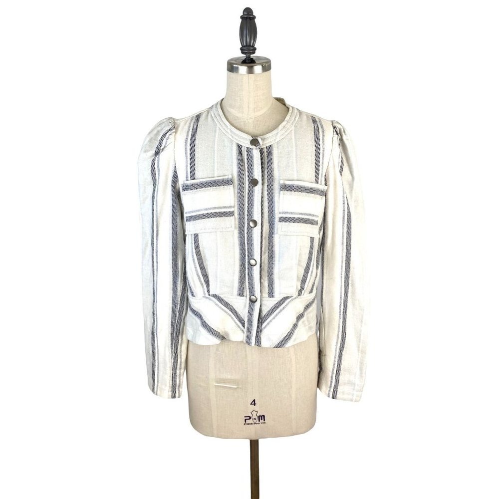 McGuire Womens Jacket Size‎ XS Cream w/ Blue Stripes Puff Shoulder Snap Buttons